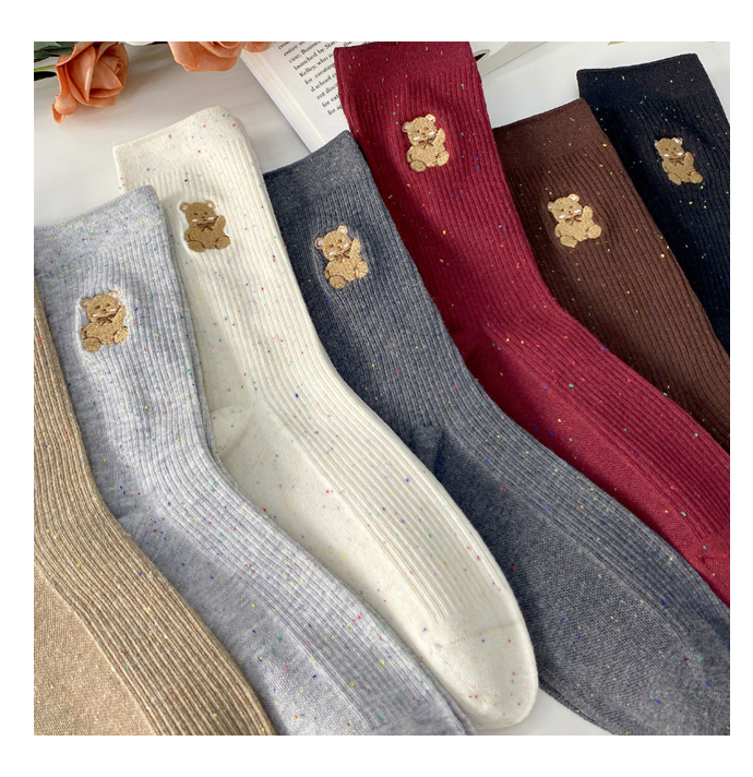 Women's Teddy Bear Embroidered Crew Socks