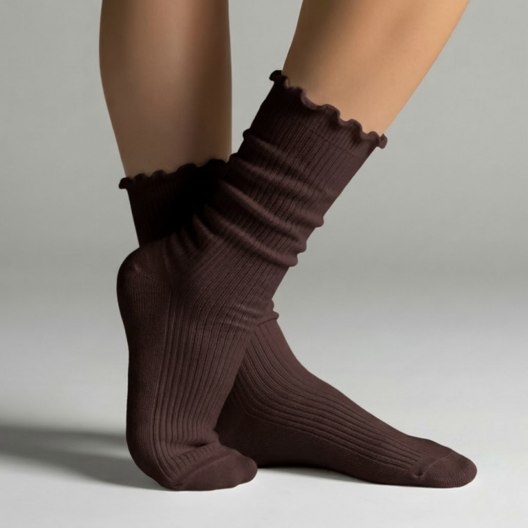 Lovely Frill Daily Ribbed Socks Brown