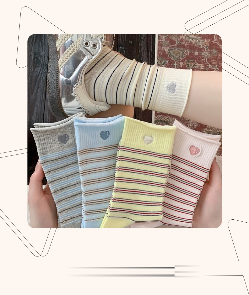 Mahhas Striped Rollup Embroidered Lovely Heart Socks