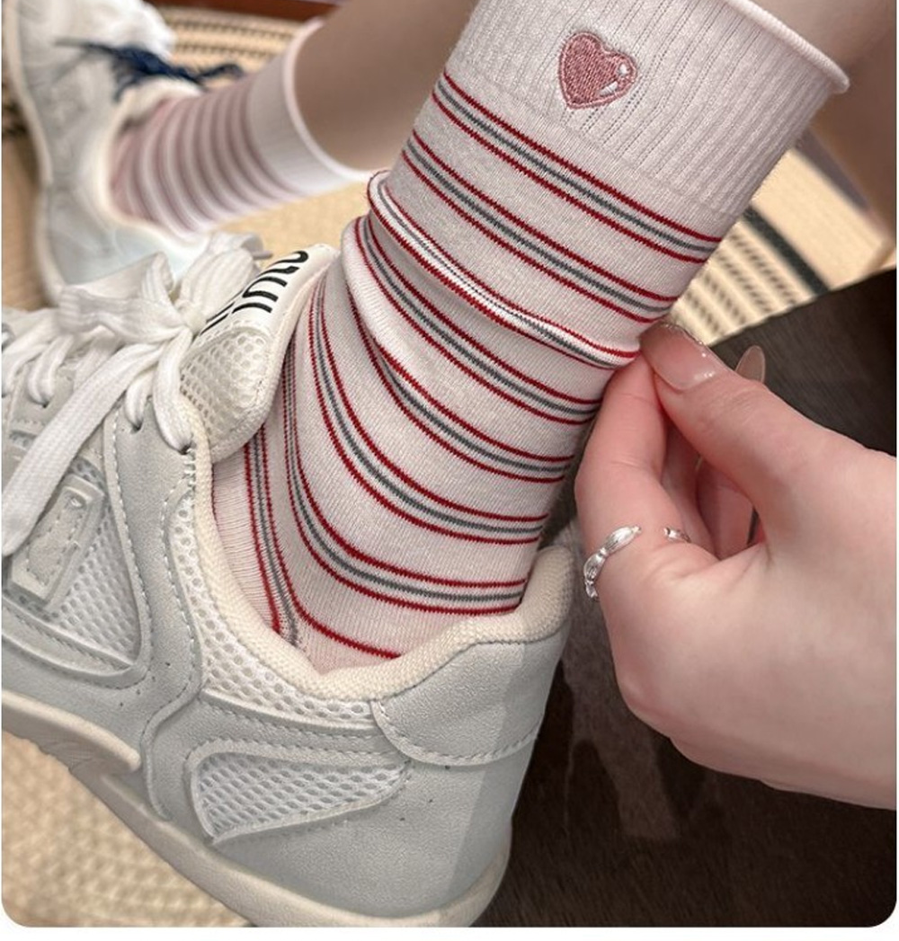 Mahhas Striped Rollup Embroidered Lovely Heart Socks