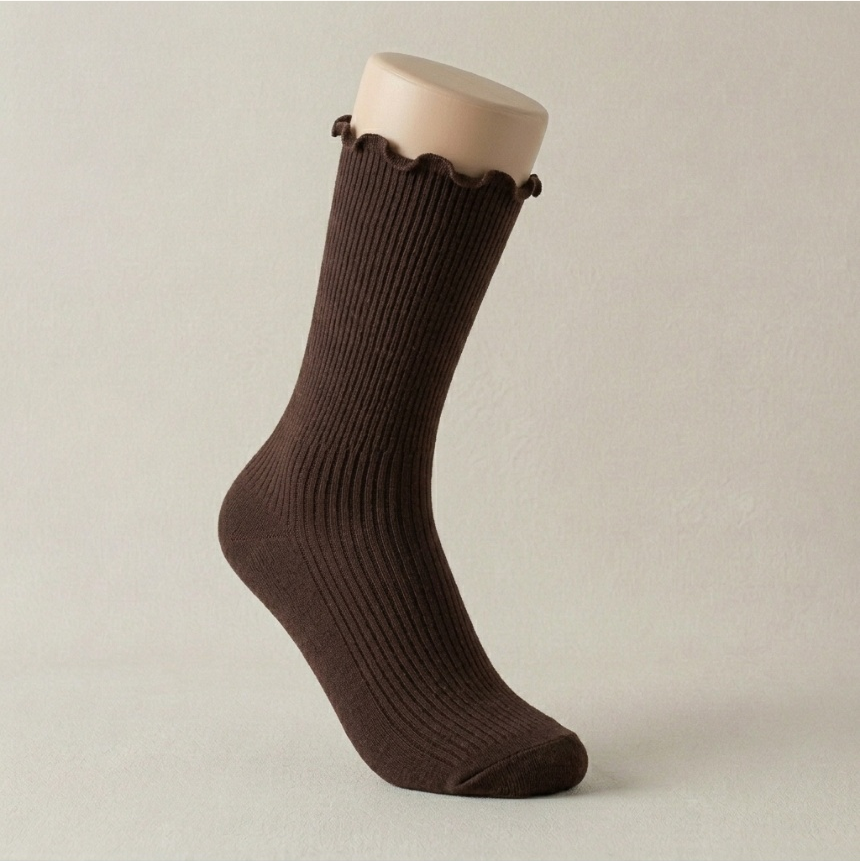 Lovely Frill Daily Ribbed Socks Brown