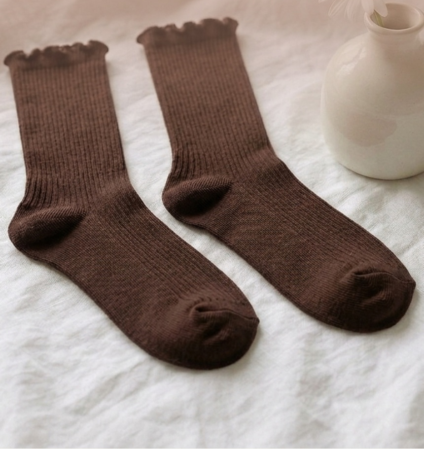 Lovely Frill Daily Ribbed Socks Brown