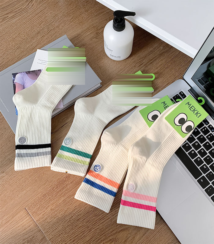 Smile Embroidered Stripe Women's Mid-Calf Socks