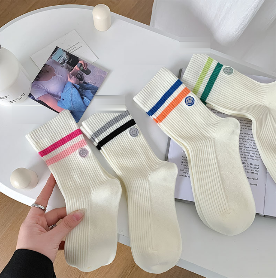 Smile Embroidered Stripe Women's Mid-Calf Socks