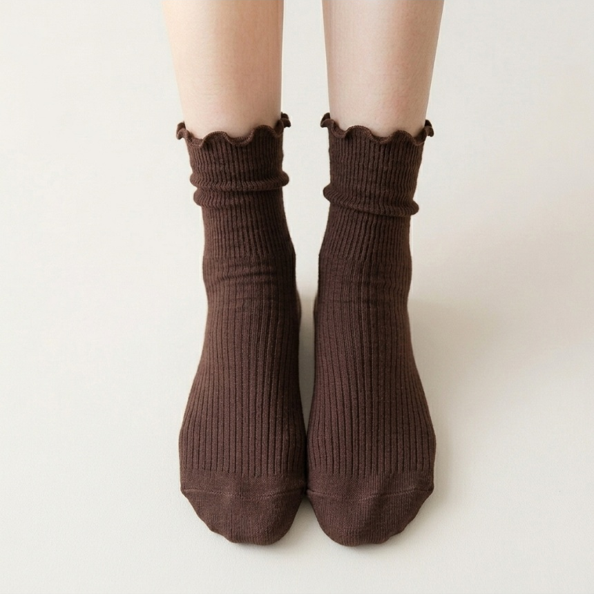 Lovely Frill Daily Ribbed Socks Brown
