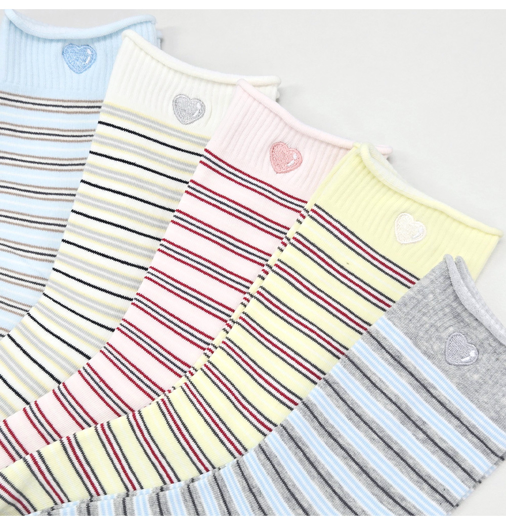 Mahhas Striped Rollup Embroidered Lovely Heart Socks