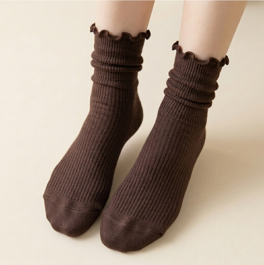 Lovely Frill Daily Ribbed Socks Brown