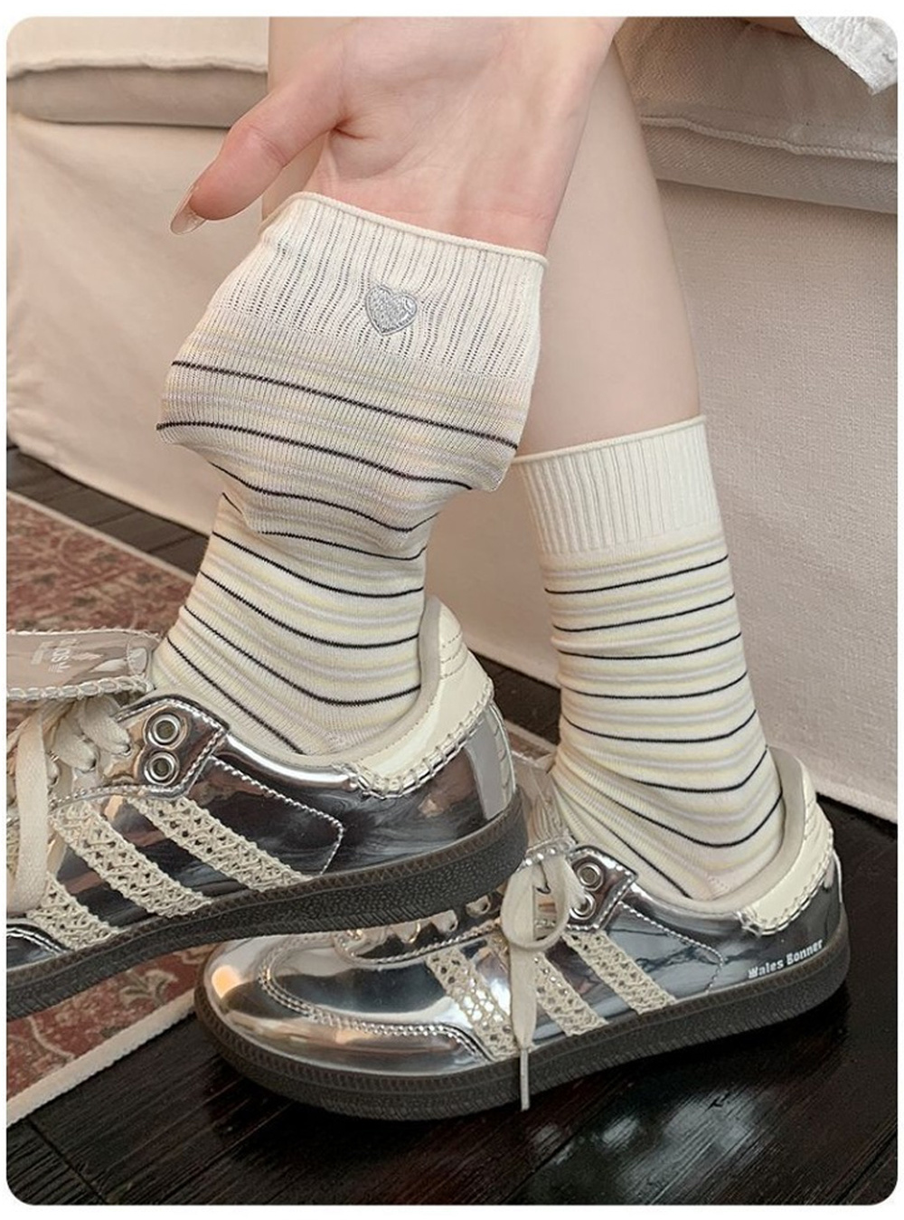 Mahhas Striped Rollup Embroidered Lovely Heart Socks