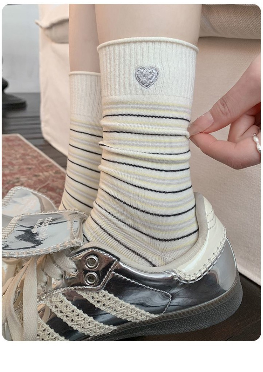 Mahhas Striped Rollup Embroidered Lovely Heart Socks